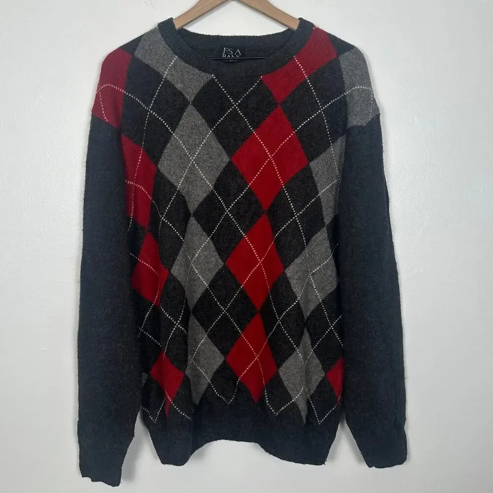 Jos. A. Bank Mens Academia Argyle Diamond Lambswool Blend Grey/Red Sweater XL